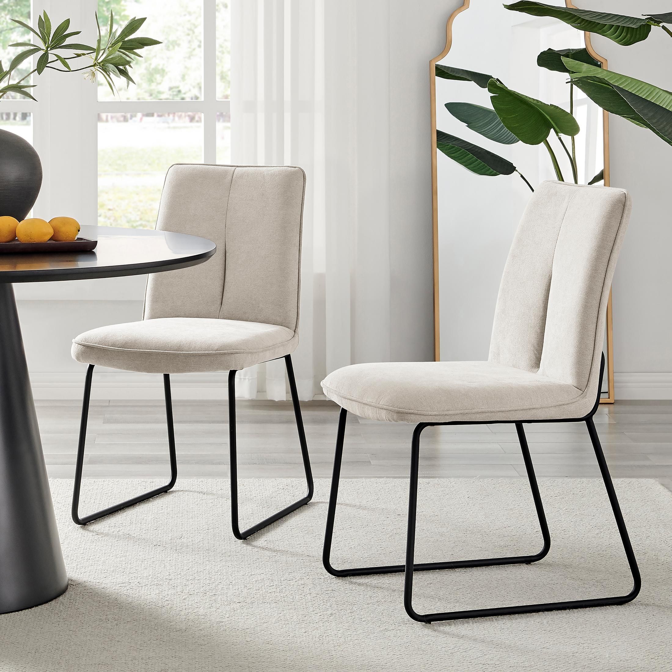 FurnitureboxUK Set of 2 Modern Chic Deep Padded Soft & Durable Stitched Fabric & Black Powder Coated Metal Leg Dining Chairs in Cream