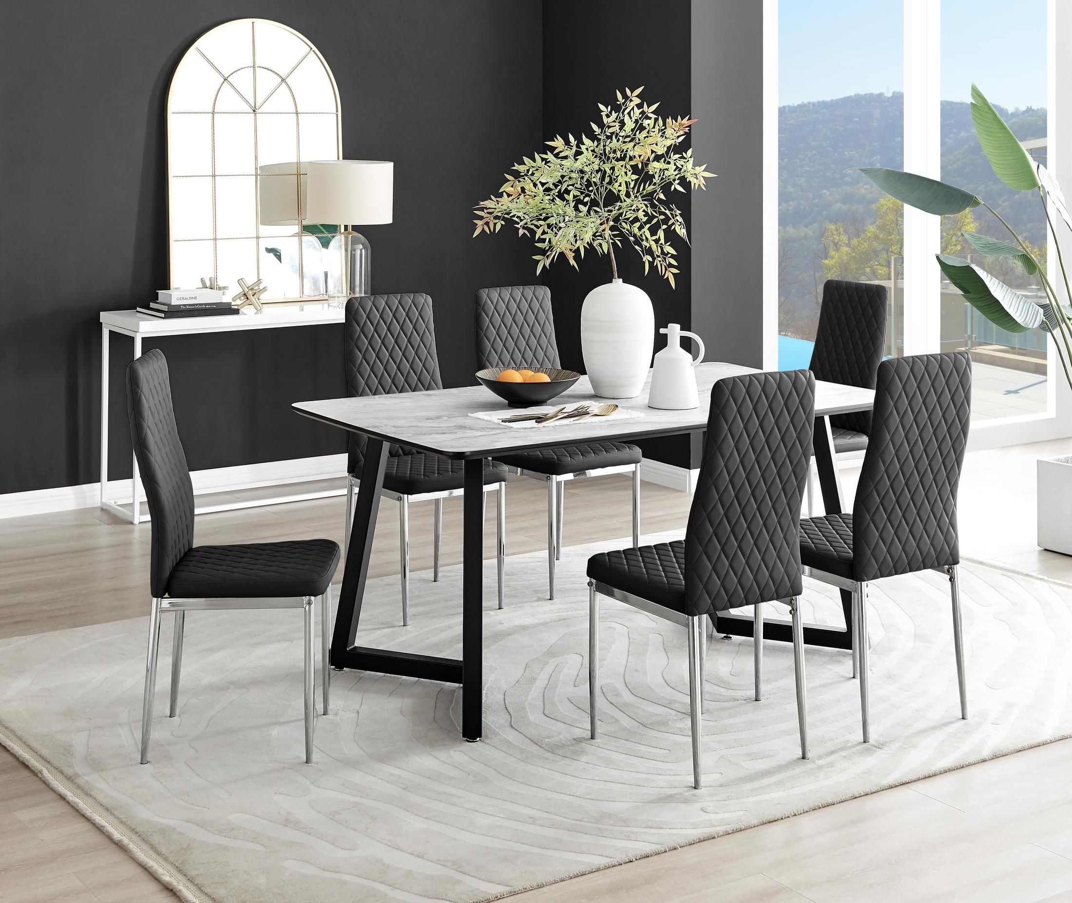 FurnitureboxUK Carson White Marble Effect Dining Table & 6 Milan Chrome Leg Chairs in Black