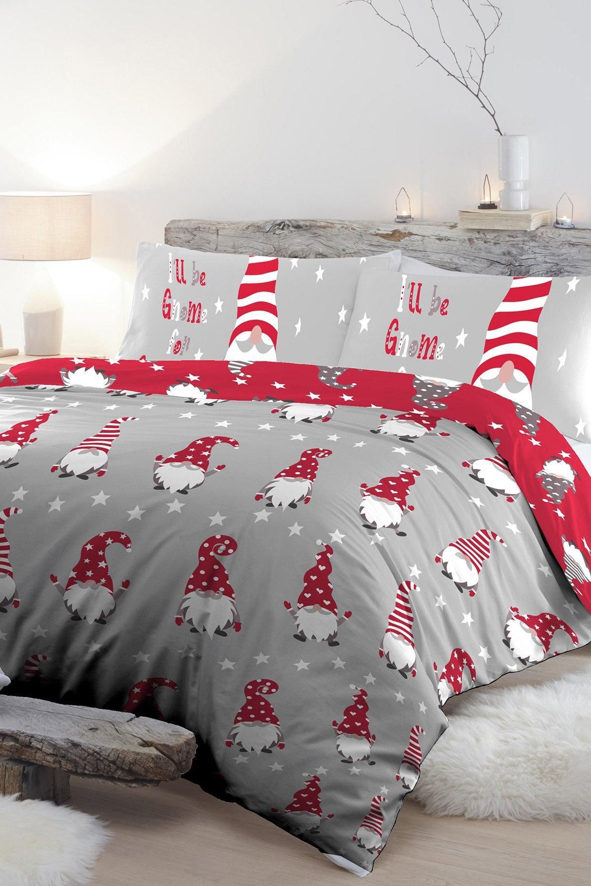 Fusion 'Gnome For Christmas' 100% Brushed Cotton Duvet Cover Set in Silver