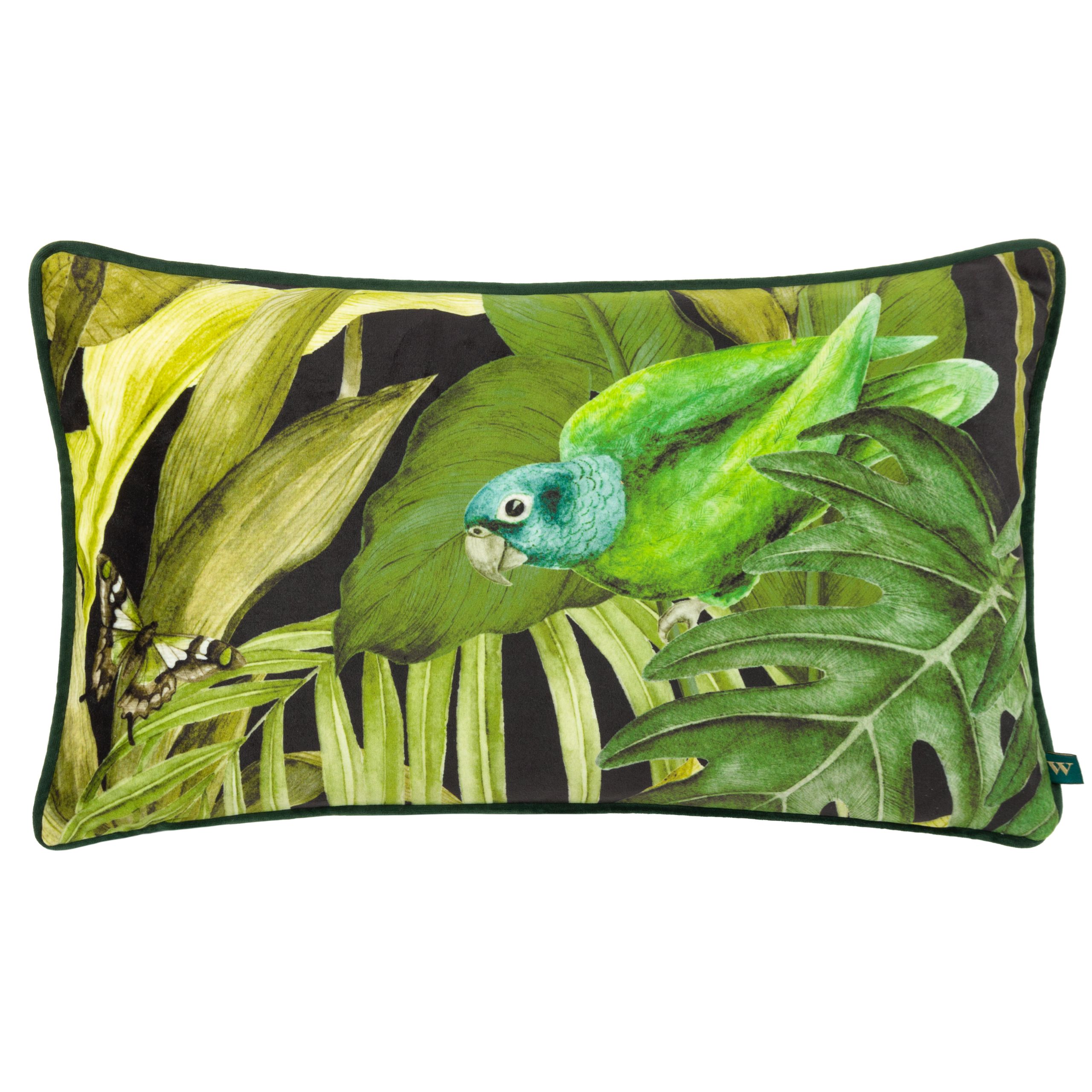 Wylder Tropics Psitta Bird Velvet Piped Cushion in Black