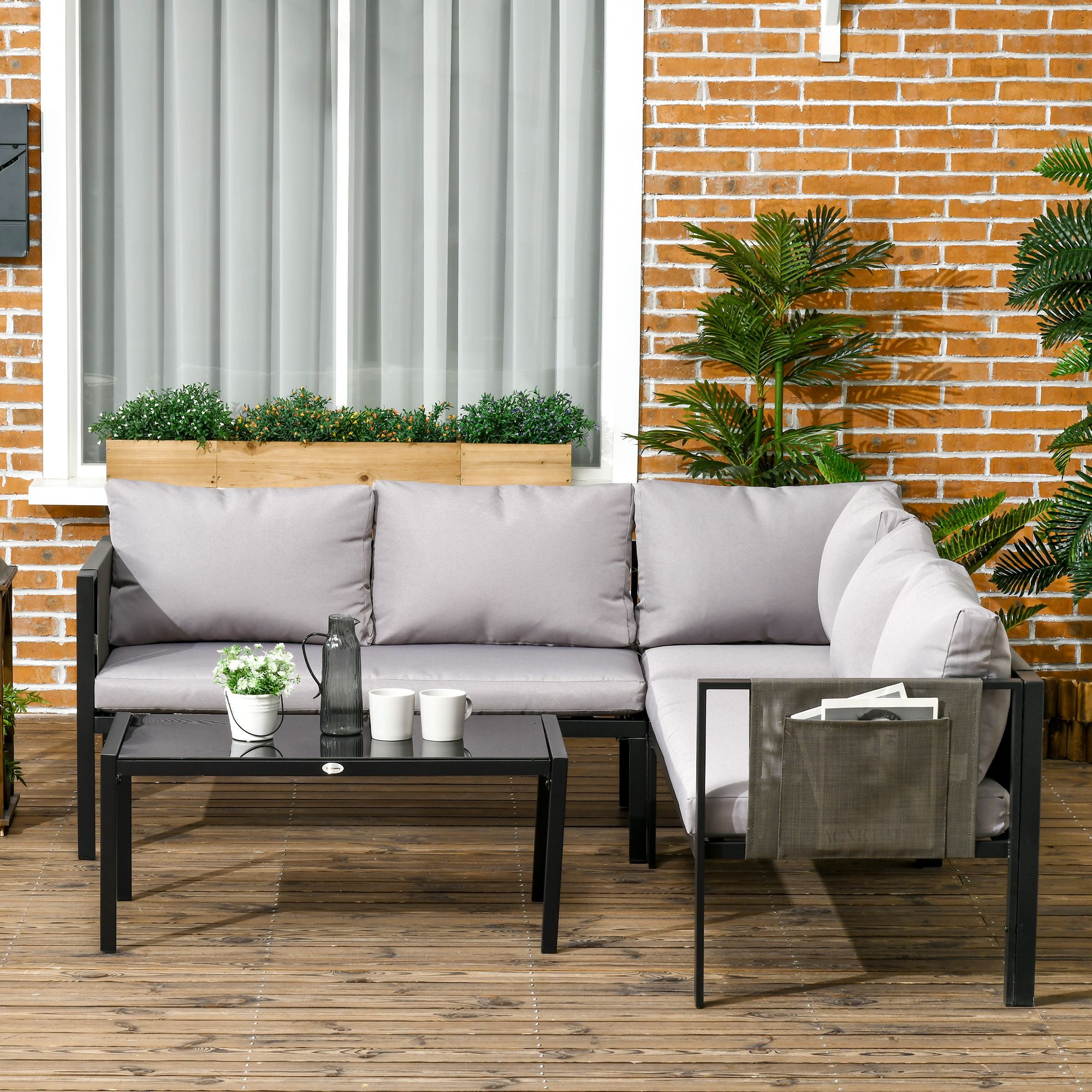 OUTSUNNY 4 Piece Garden Furniture Set w/ Breathable Mesh Pocket in Light Grey