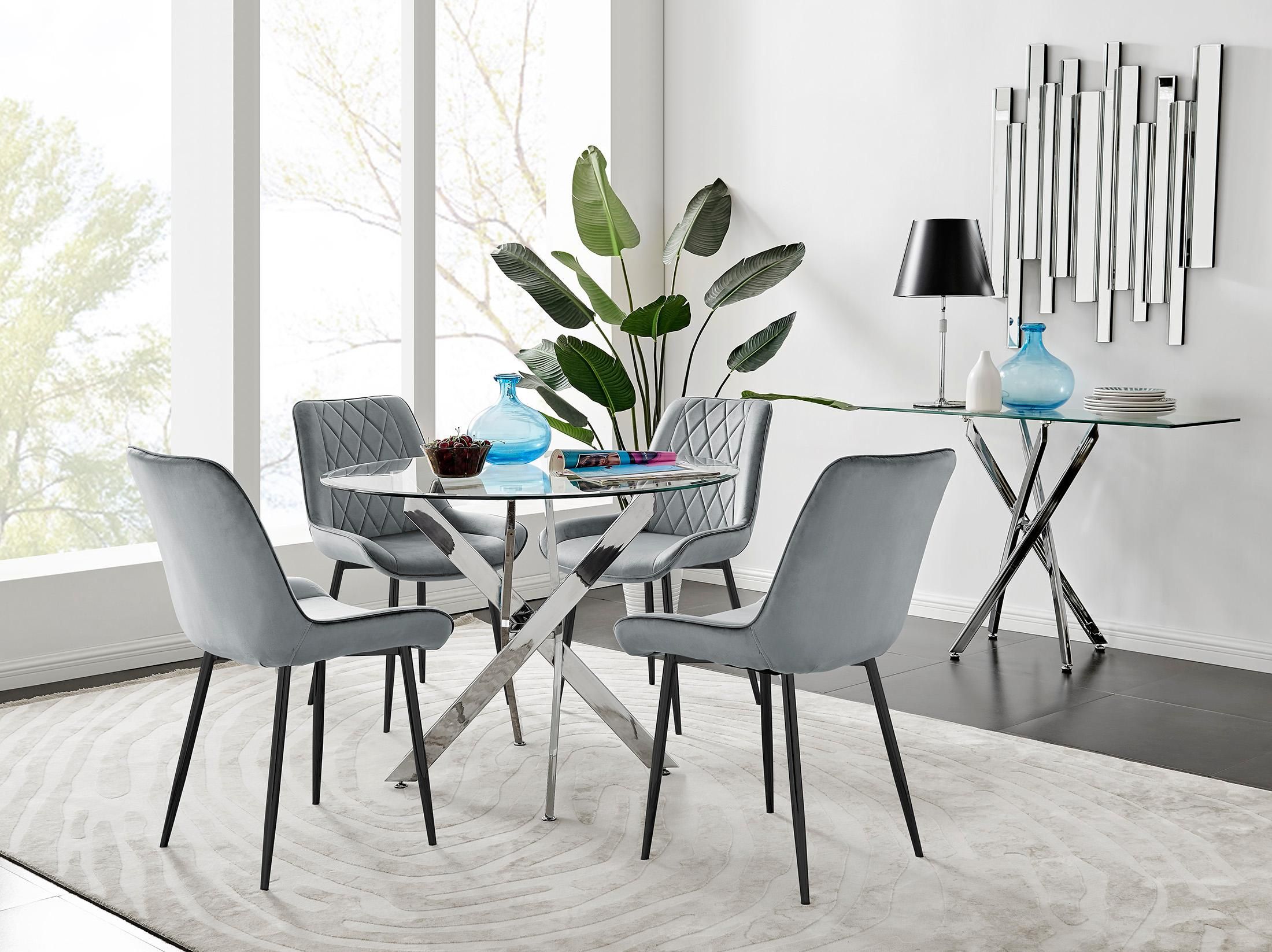 FurnitureboxUK Novara 100cm Round Dining Table & 4 Pesaro Black Leg Chairs in Grey