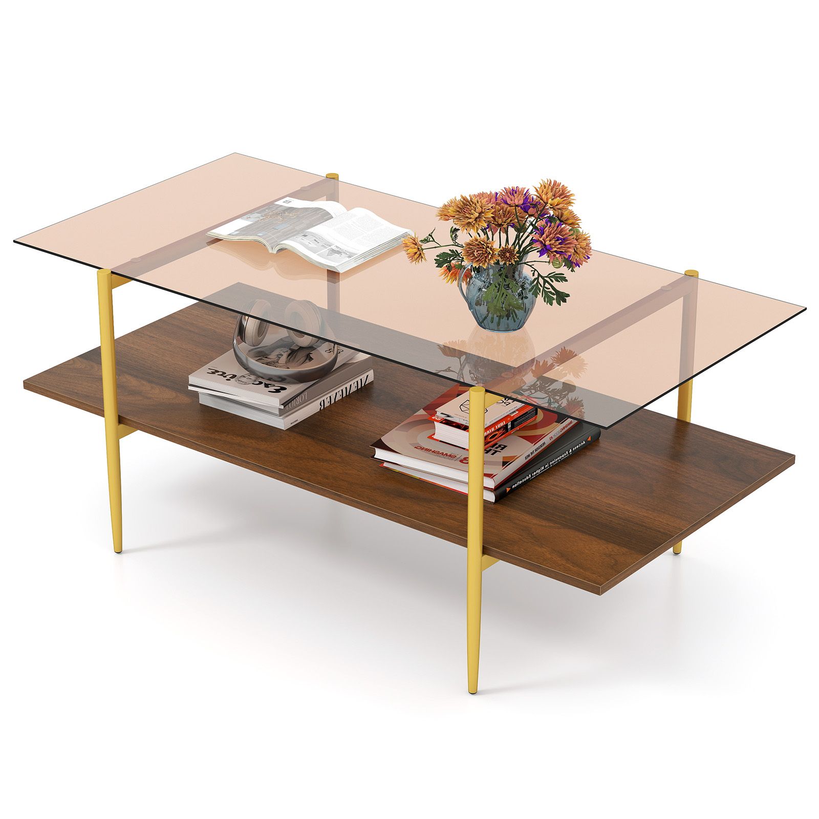 Costway 2-Tier Glass Coffee Table Rectangle Center Table w/Storage Shelf in Brown