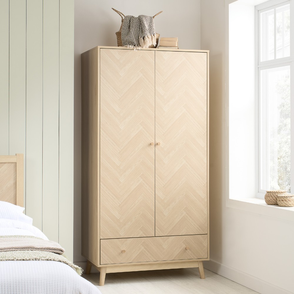 Herringford – 2 Door 1 Drawer Wardrobe - Oak – Wooden – Happy Beds