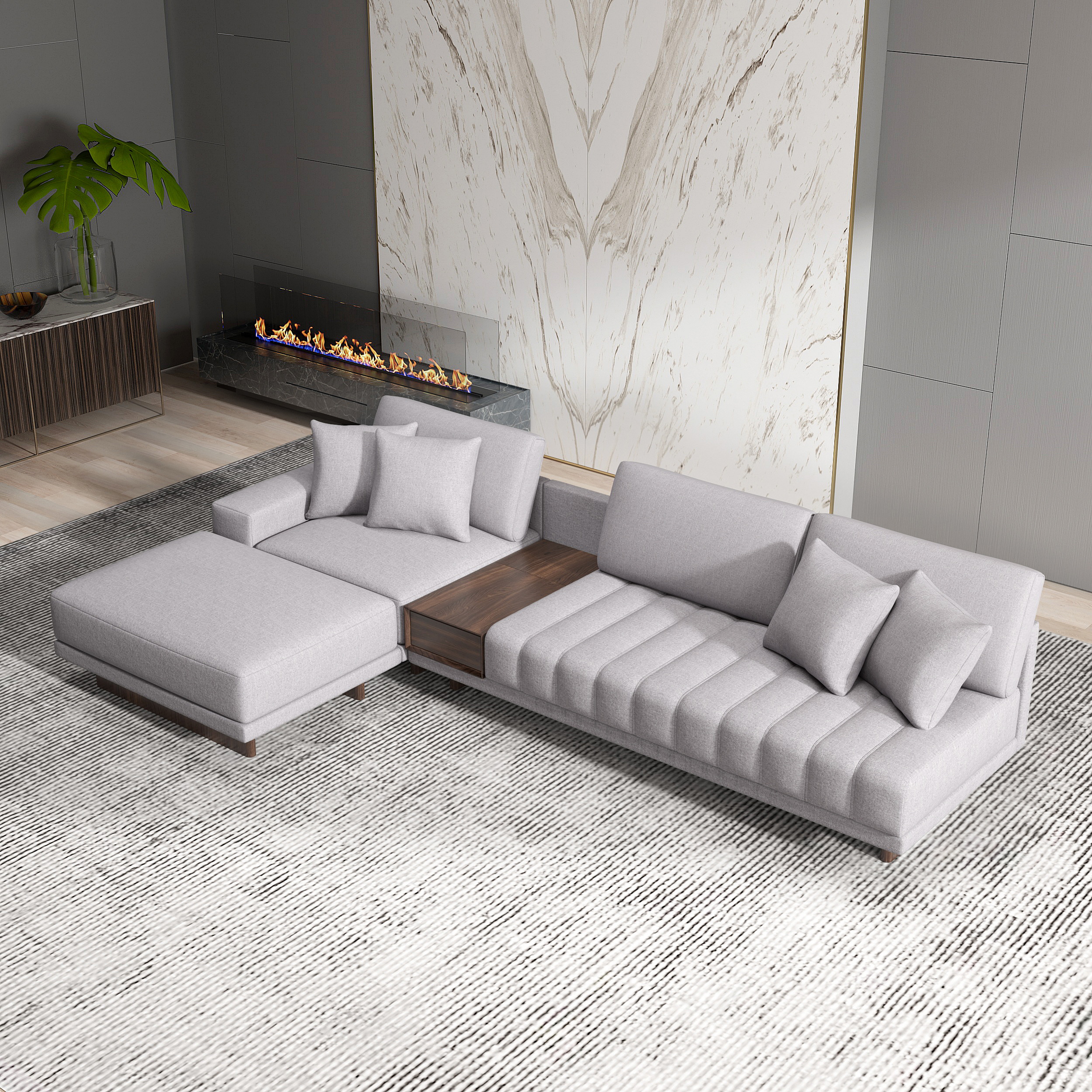 320 cm L-Shaped Grey Cotton Linen Modular Sectional Sofa with Ottoman for Living Room