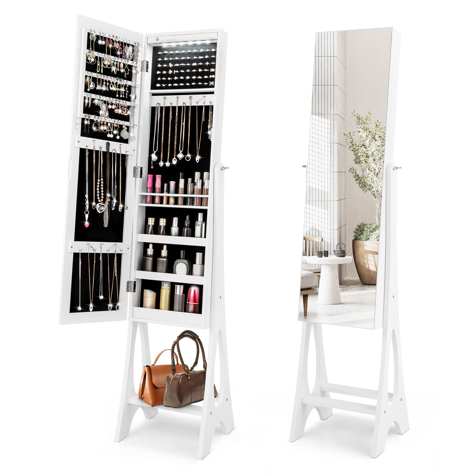 Costway Freestanding Full Length Mirror Jewelry Cabinet w/ Built-in LED in White