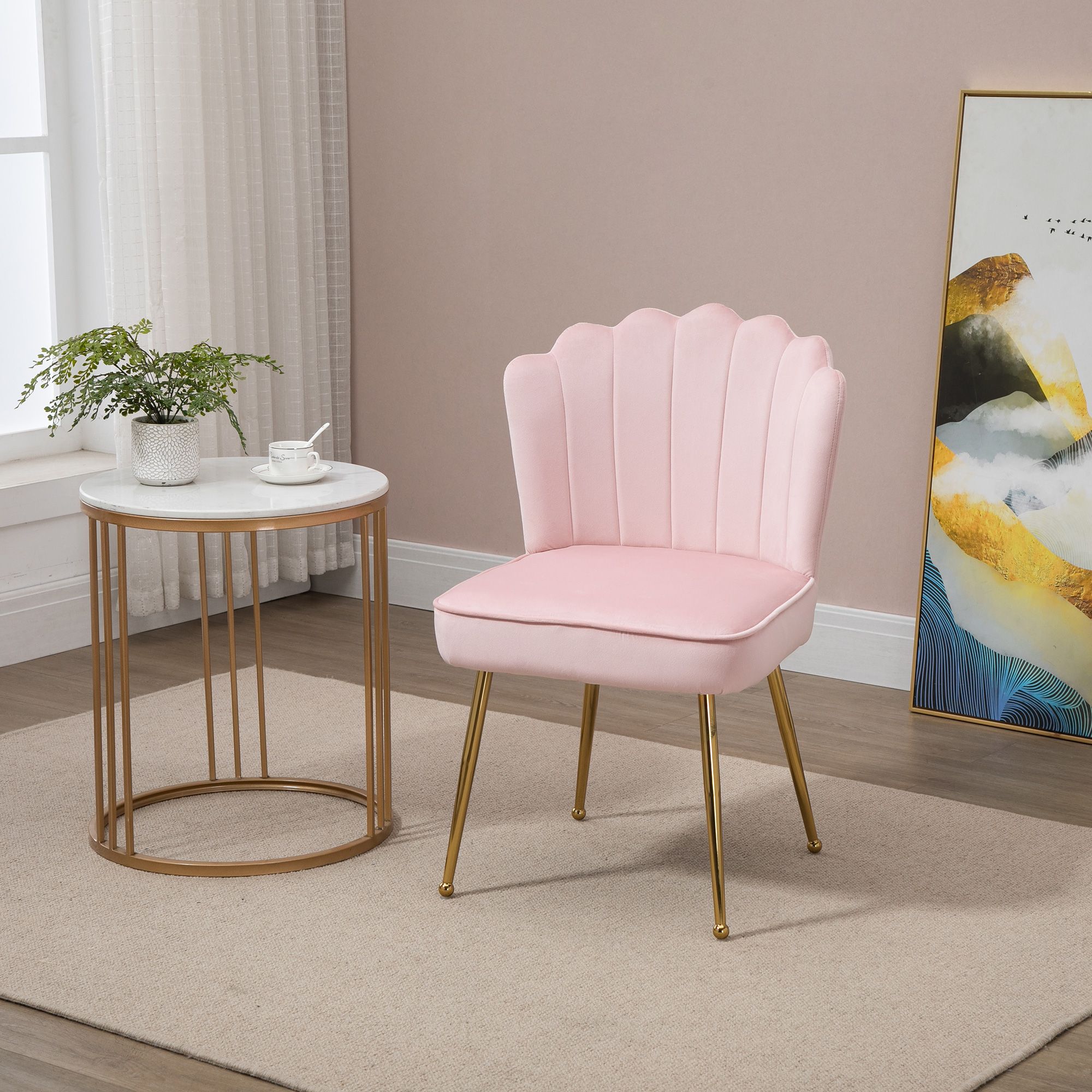 HOMCOM Velvet-Feel Shell Luxe Accent Chair Home Bedroom Lounge Metal Legs in Pink