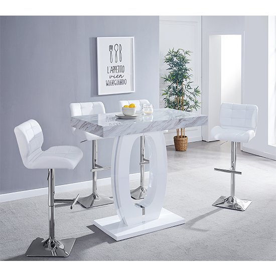 Halo Magnesia Marble Effect Bar Table 4 Candid White Bar Stool
