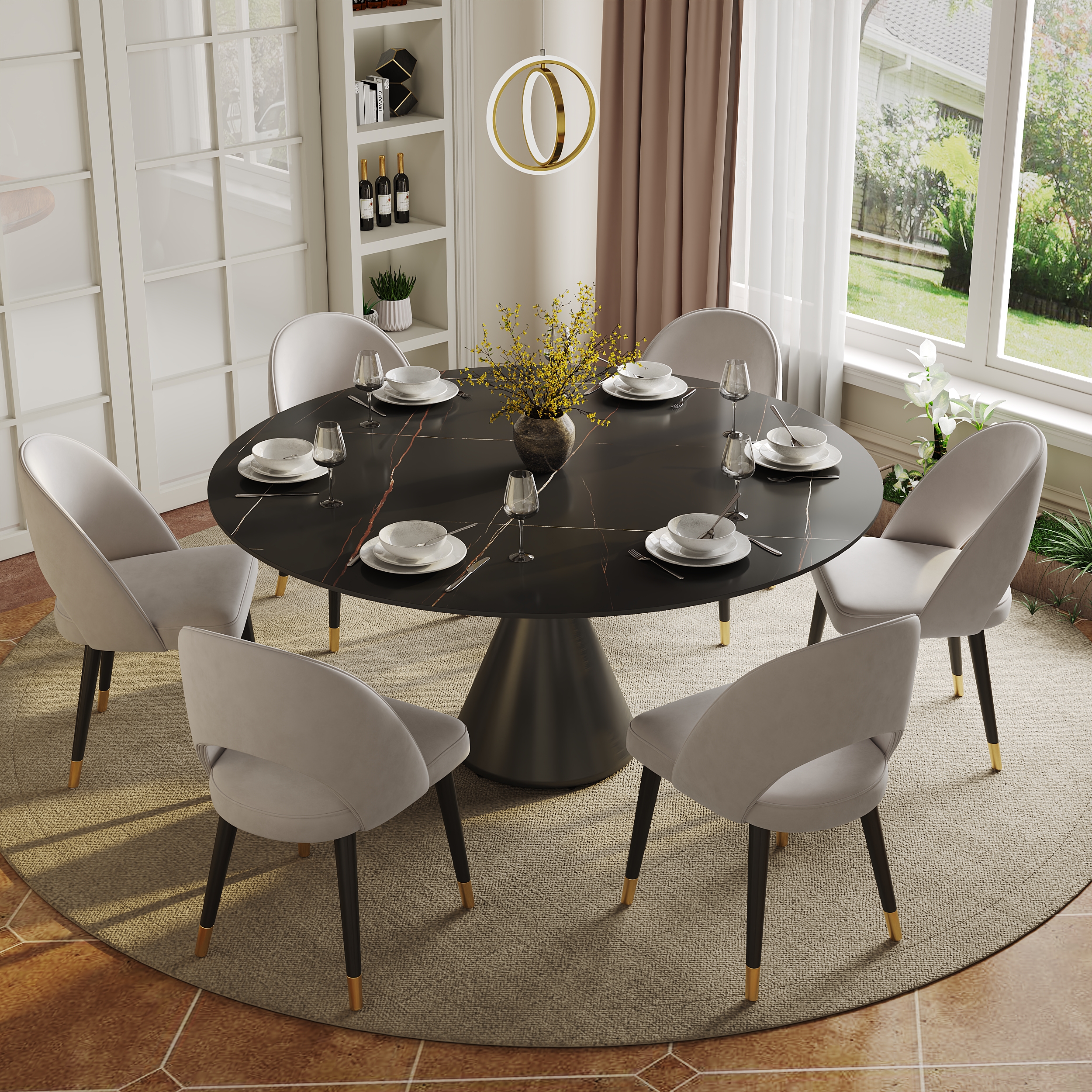 Modern 152 cm Round Matte Sintered Stone Dining Table with Black Pedestal Base, Seats 6