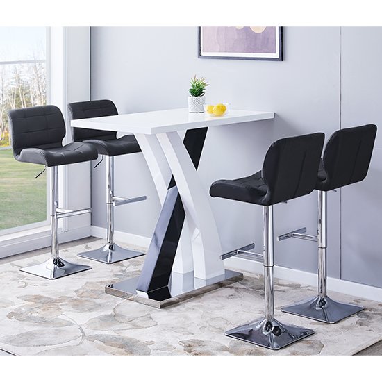 Axara Gloss Bar Table In White Black With 4 Candid Black Stools