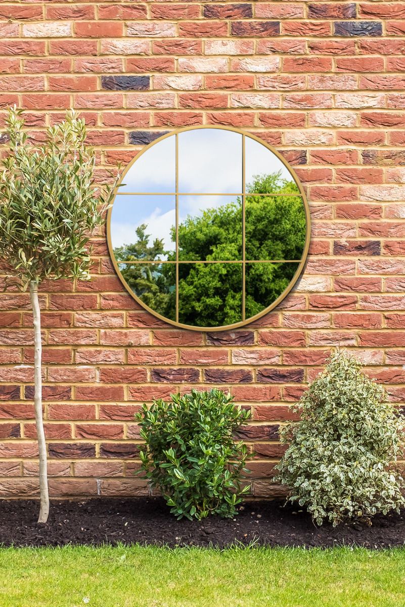 MirrorOutlet Gold Metal Frame Round Window Garden Wall Mirror 31"x31" 80x80CM