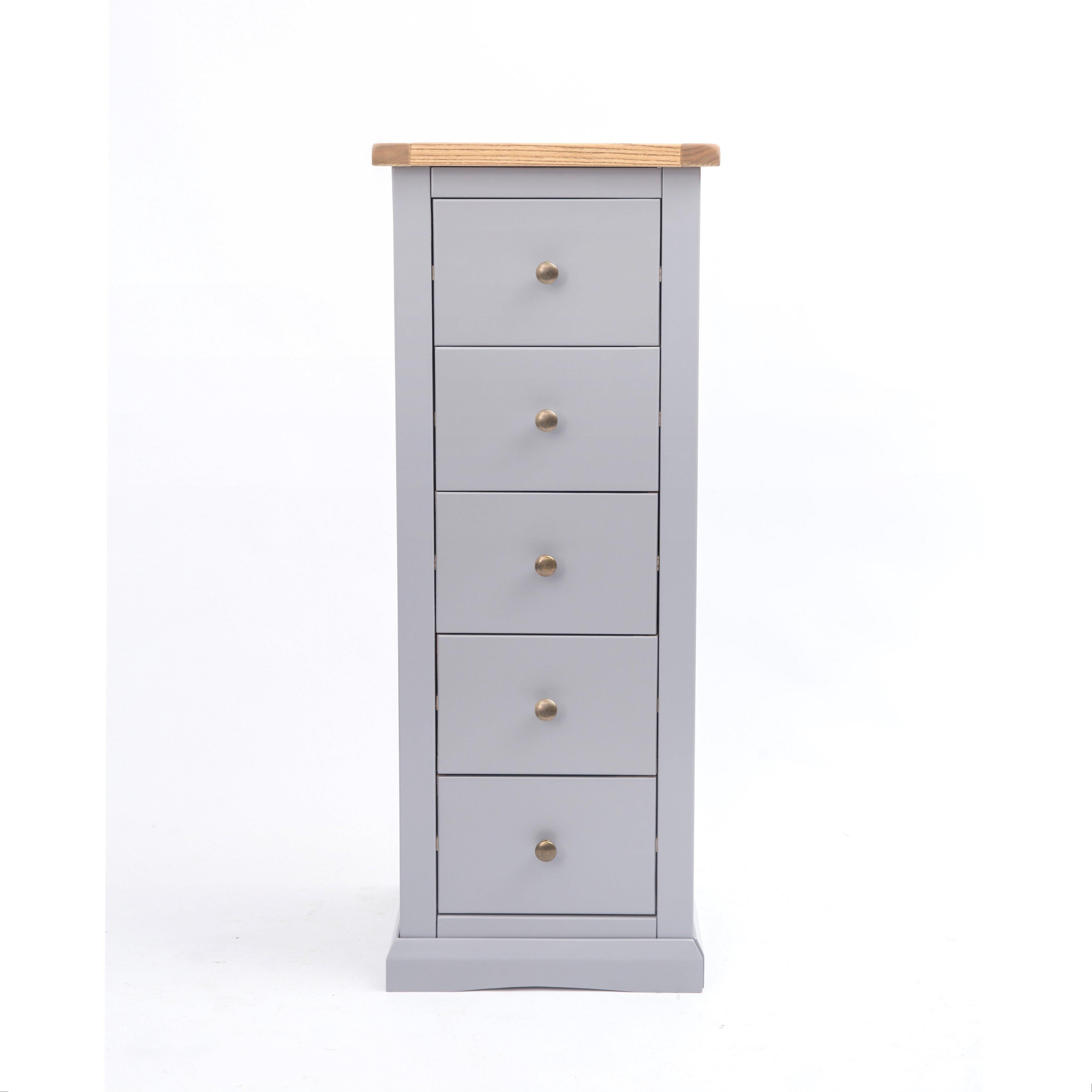 Cabinet Bits Rocca 5 Drawer Narrow Chest of Drawers Brass Knob in Grey