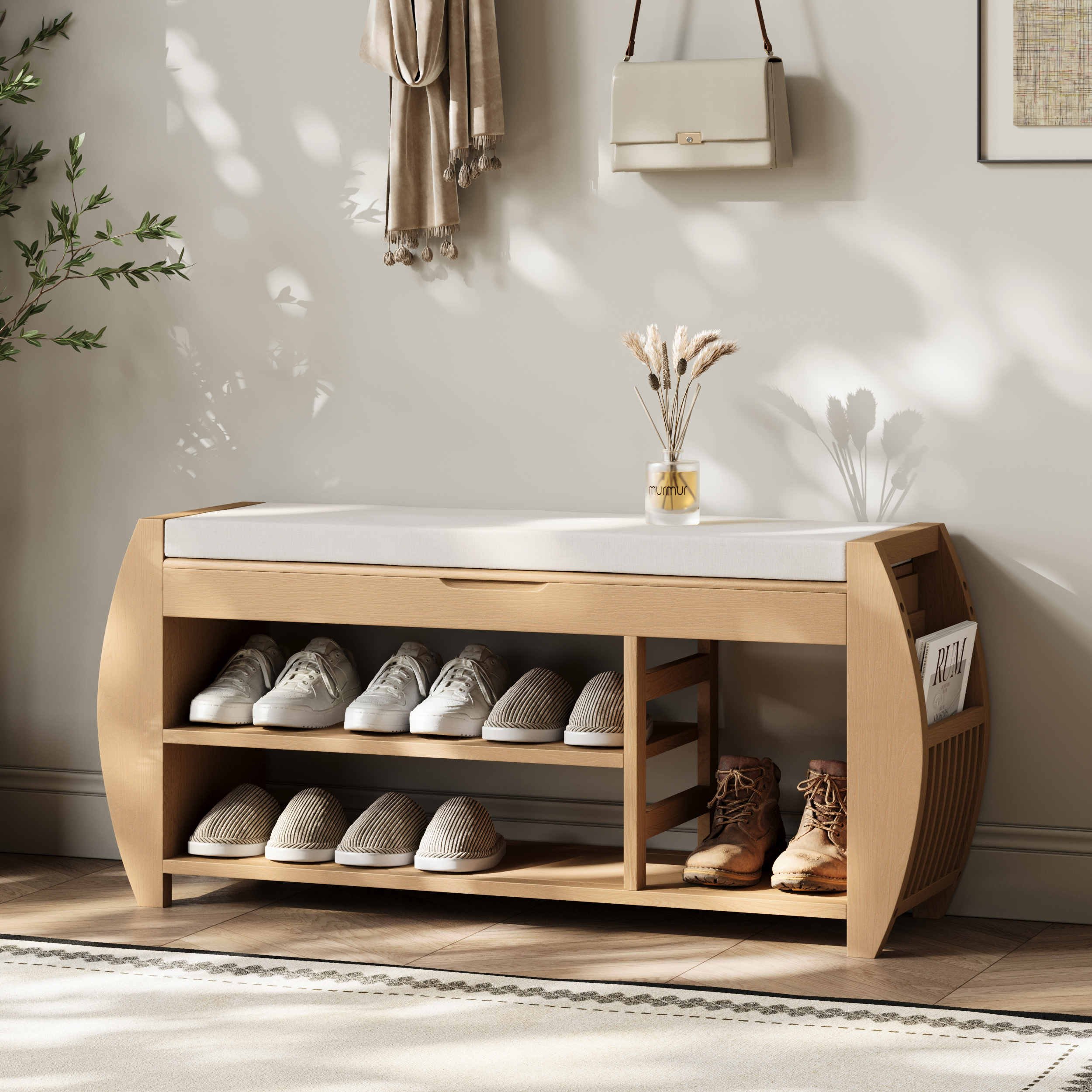 100 cm Solid Wood Natural Shoe Storage Entryway Bench with Shoe Rack