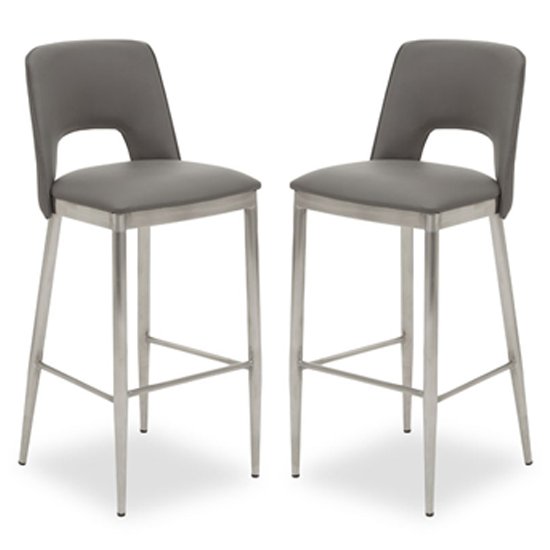 Glidden Grey Leather Bar Chairs With Silver Legs In A Pair