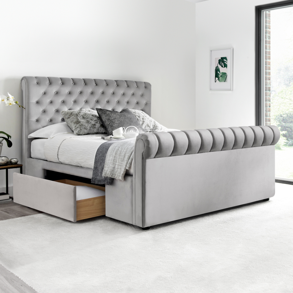 Deacon Grey Velvet Fabric 2 Drawer Sleigh Bed - 5ft King Size