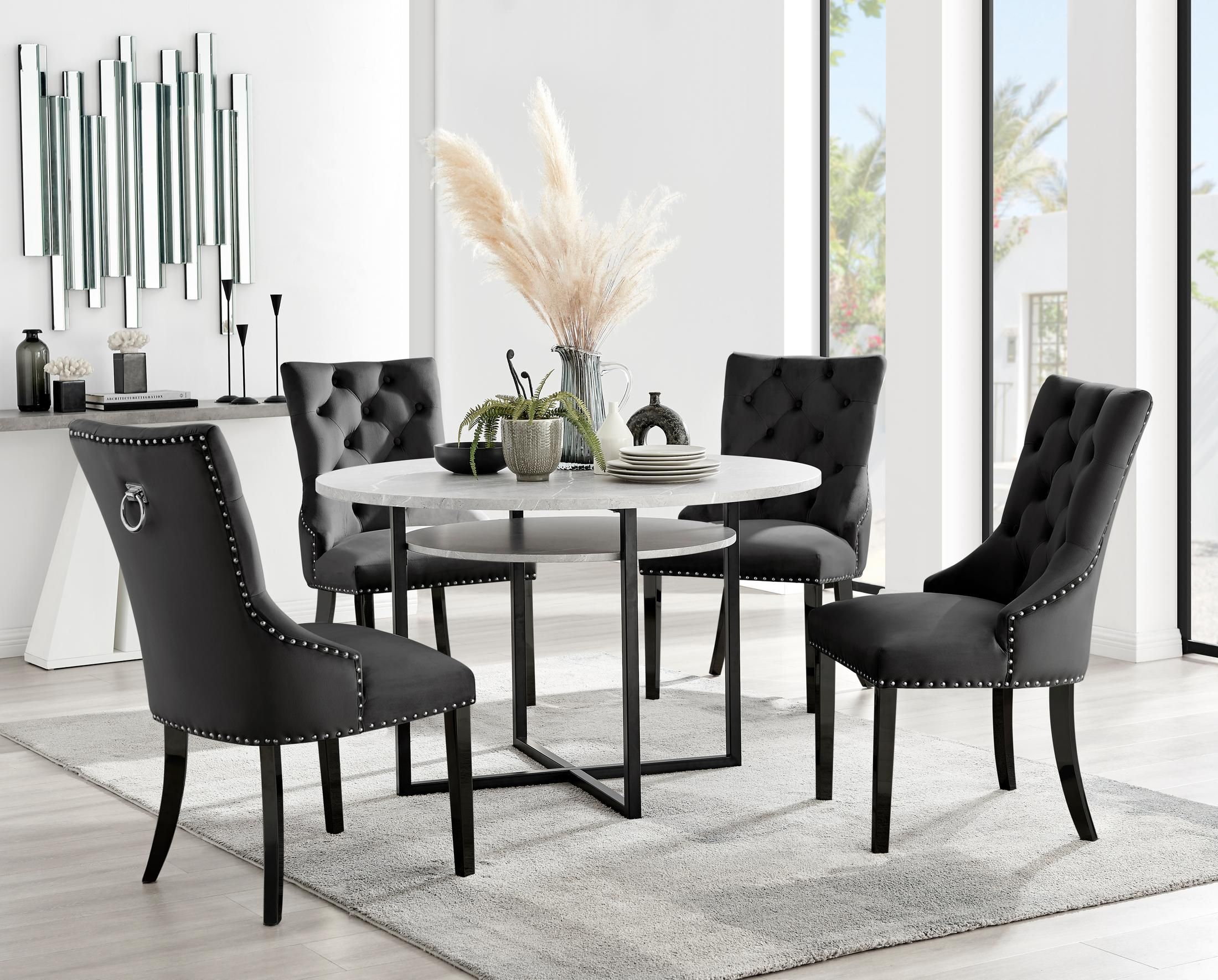 FurnitureboxUK Adley Grey Concrete Effect Round Dining Table & 4 Belgravia Velvet Black Leg Chairs
