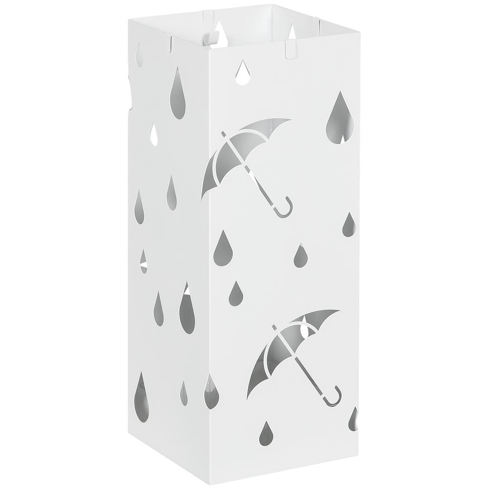 HOMCOM Metal Umbrella Stand, Square Umbrella Basket with 4 Hooks Drip Tray White 2