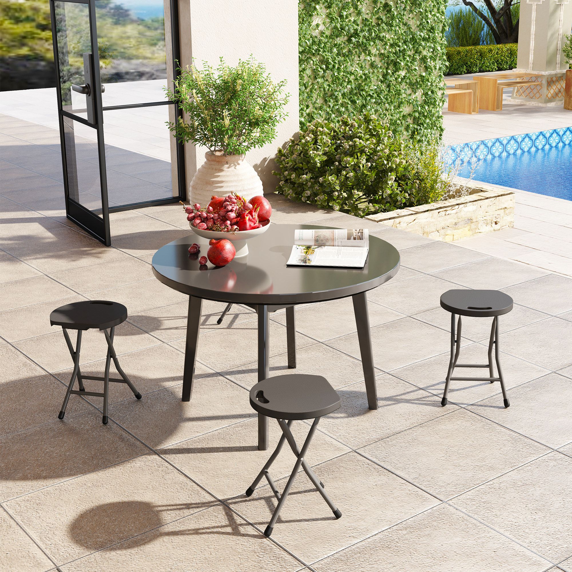 OUTSUNNY Folding Stool Set of 4, Decorative Garden Stool Set, Charcoal Grey in Dark Grey