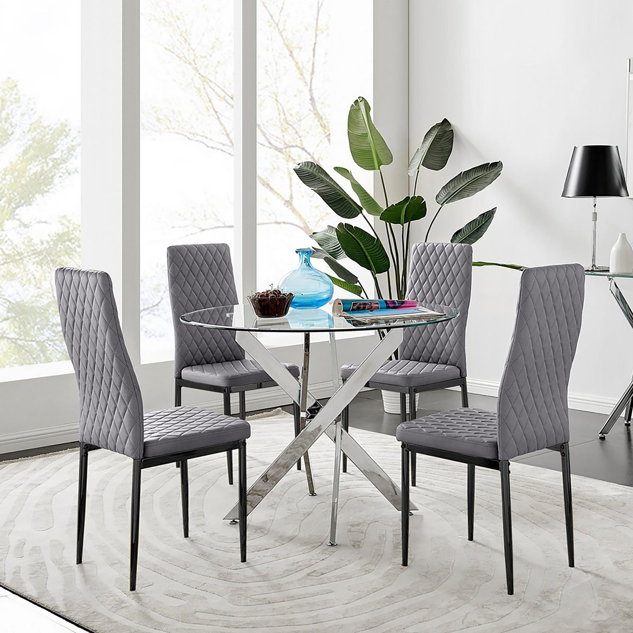FurnitureboxUK Novara 100cm Round Dining Table & 4 Velvet Milan Black Leg Chairs in Grey