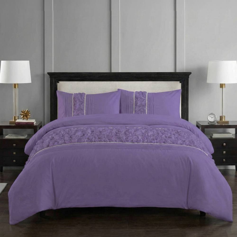 Snug City Ruffle Design Duvet Cover Soft Elegant Bedding Set with Pillowcases in Lilac