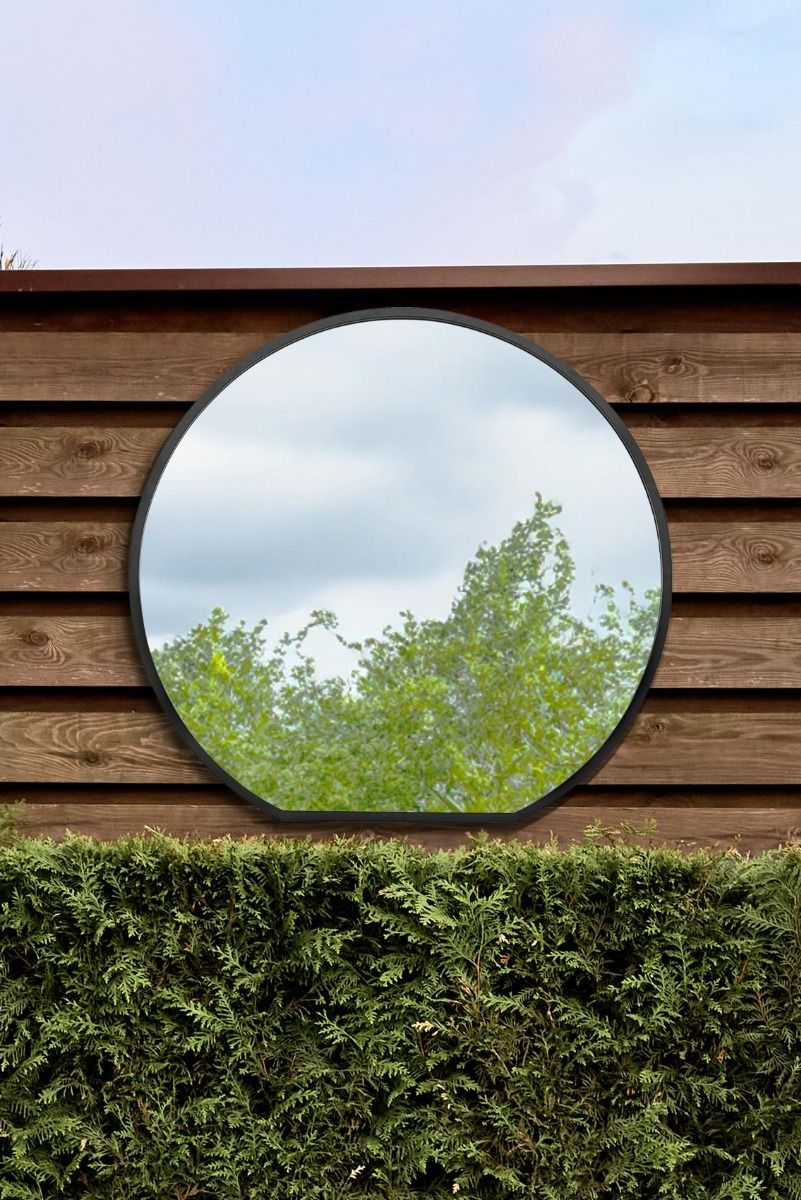 MirrorOutlet Black Framed Flat Bottom Circular Garden Wall Mirror (105CM X 100CM)