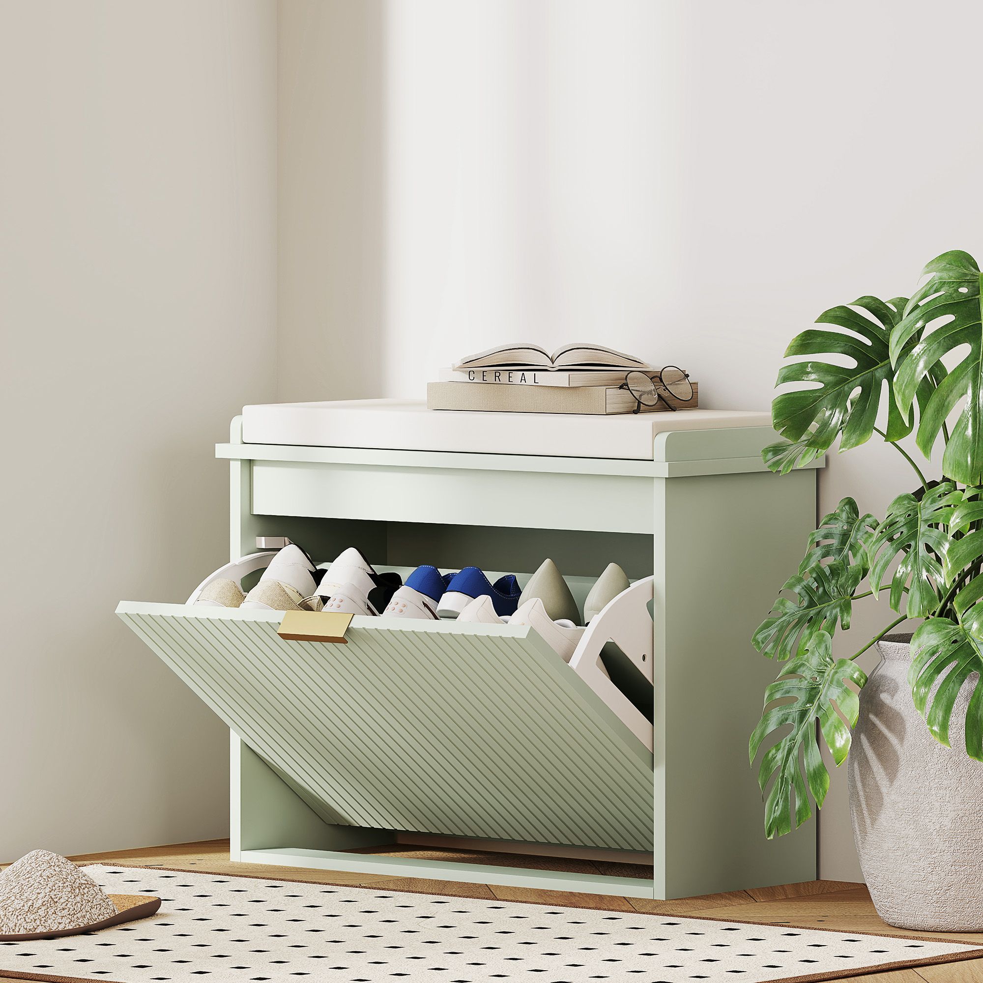 HOMCOM Shoe Storage Bench with Cushion & Flip-Drawer 62x26x47.5cm Green