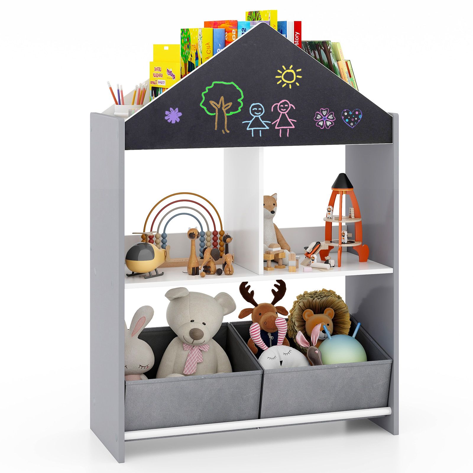 Costway Dollhouse Bookshelf Wooden Toy Storage Organizer with Writable Chalkboard in Grey