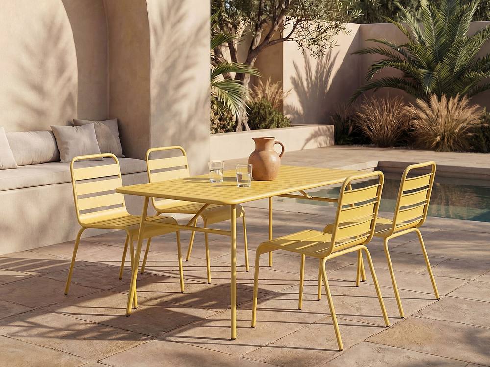 Vente-unique Metal Garden Dining Furniture Set: One Table D.160 Cm & 4 Stacking in Mustard