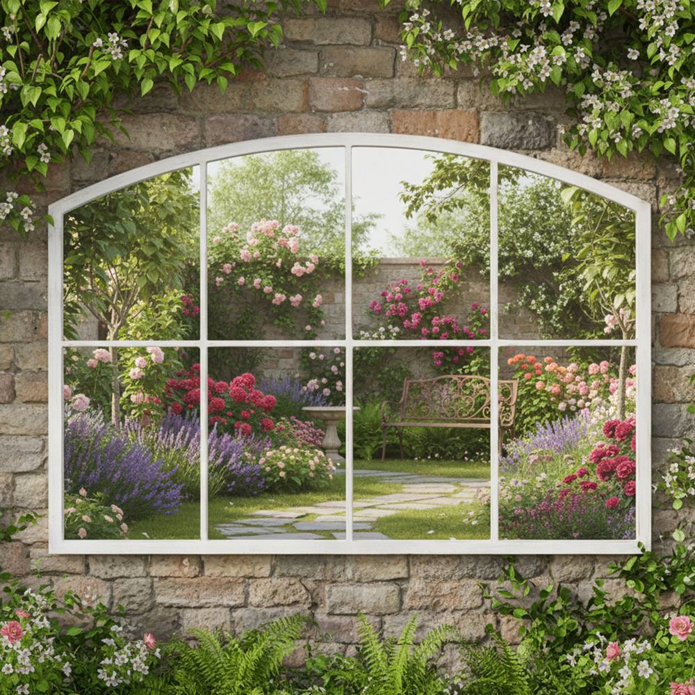 Melody Maison Distressed White Arched Window Wall Mirror - 100cm X 70cm