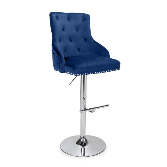 Calico Bar Stool In Blue Brushed Velvet And Polished Chrome Base