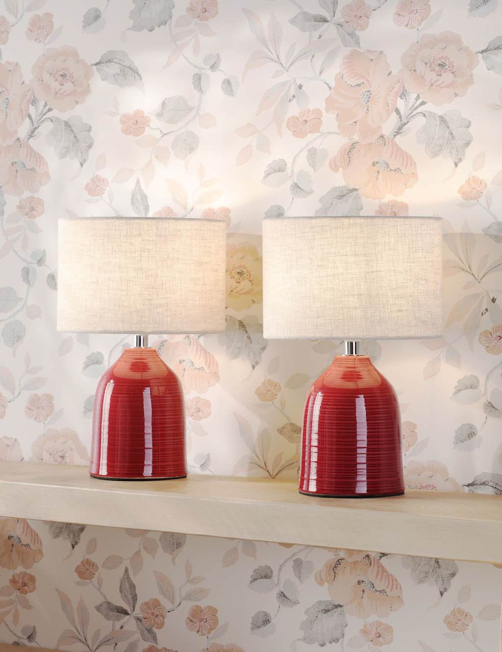 Laura Ashley Set of 2 Penny Ceramic Ribbed Table Lamps Red