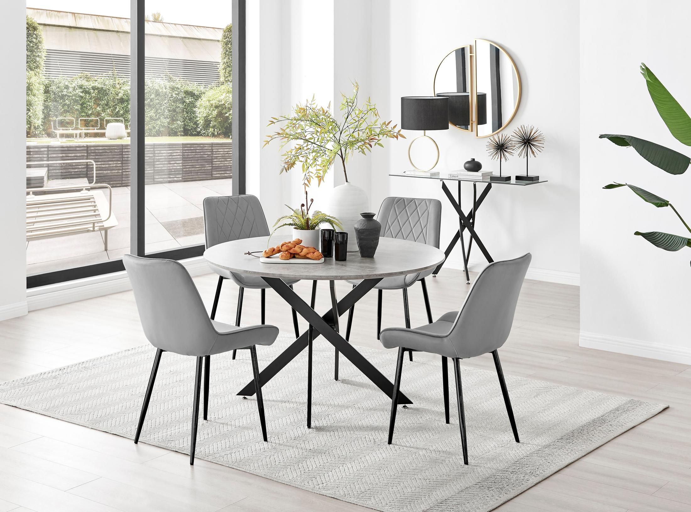 FurnitureboxUK Novara Grey Concrete Effect Black Leg 120cm Round Dining Table & 4 Pesaro Black Leg Chairs