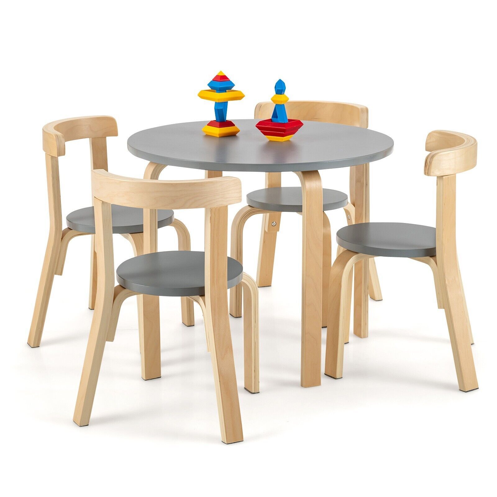 Costway 5-Piece Table & Chair Set Wooden Activity Table 4 Curved Chairs in Grey