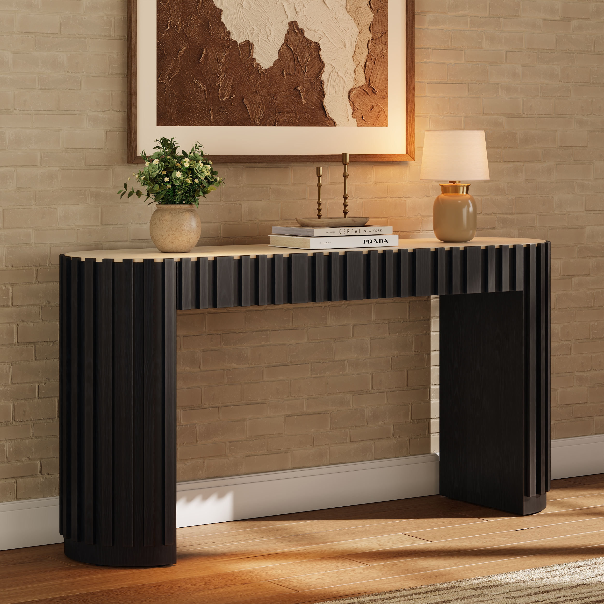 Aura 60" Ash Wood Fluted Black Console Table With Sintered Stone Top