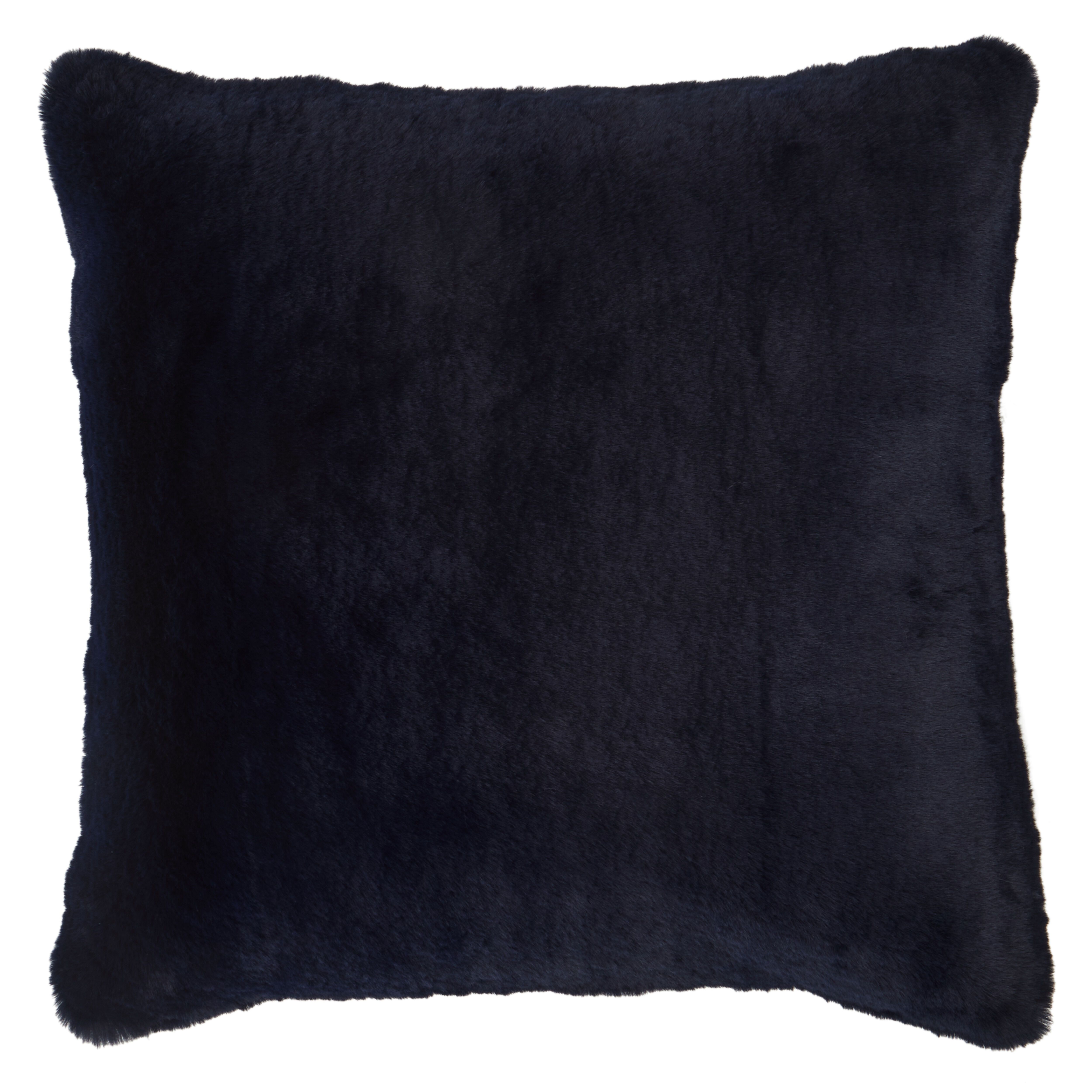 Orsina Navy Blue Faux Fur Square Cushion, Plush Feather Filled Decorative Pillow For Sofa Or Bed, Soft Faux-Suede