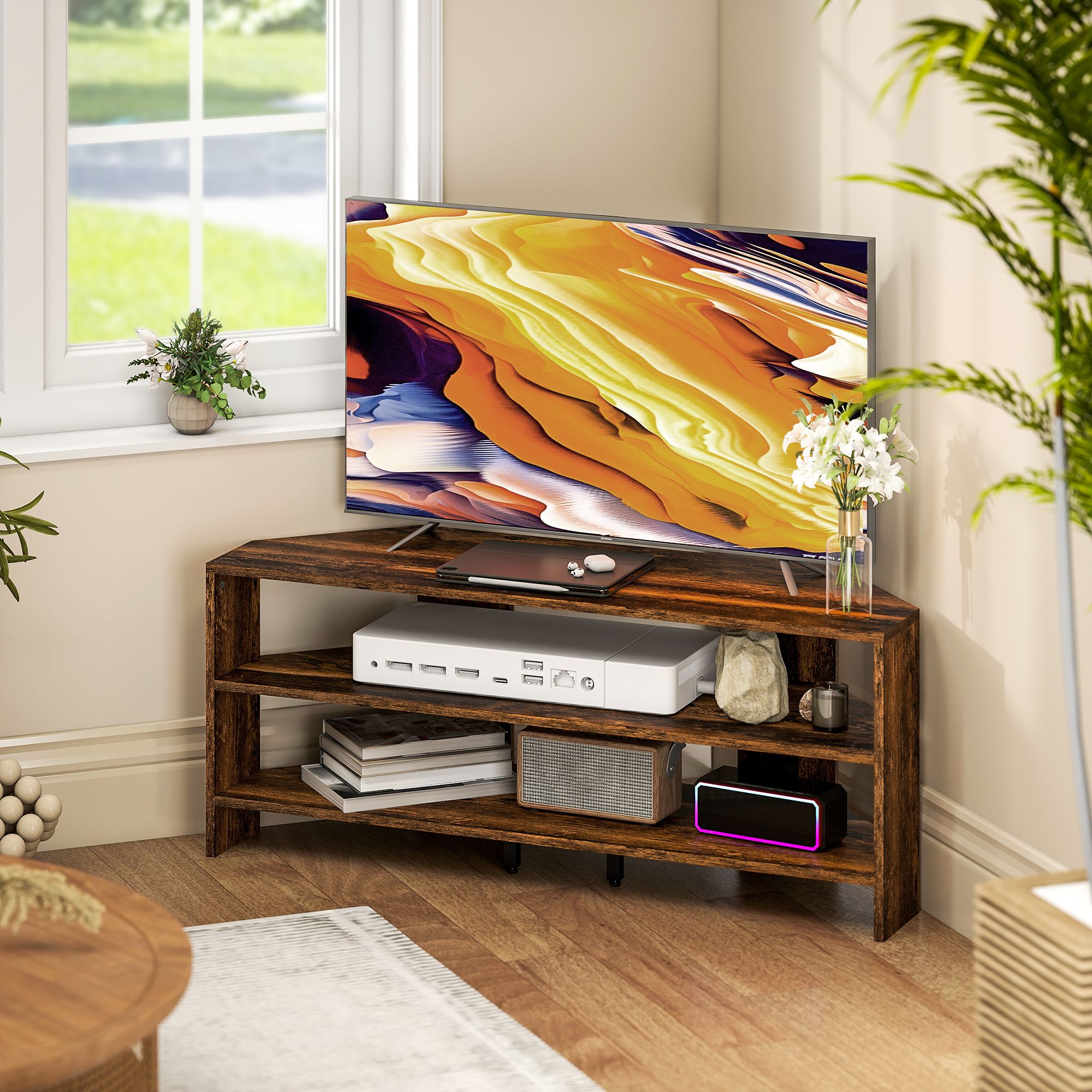HOMCOM Corner TV Stand, TV Unit with Open Shelves for 47 Inch TV in Dark Brown