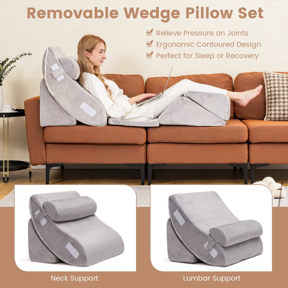 Costway 6pcs Bed Wedge Pillow Post Surgery Memory Foam Fill Pillow Set-Silver in Silver 6