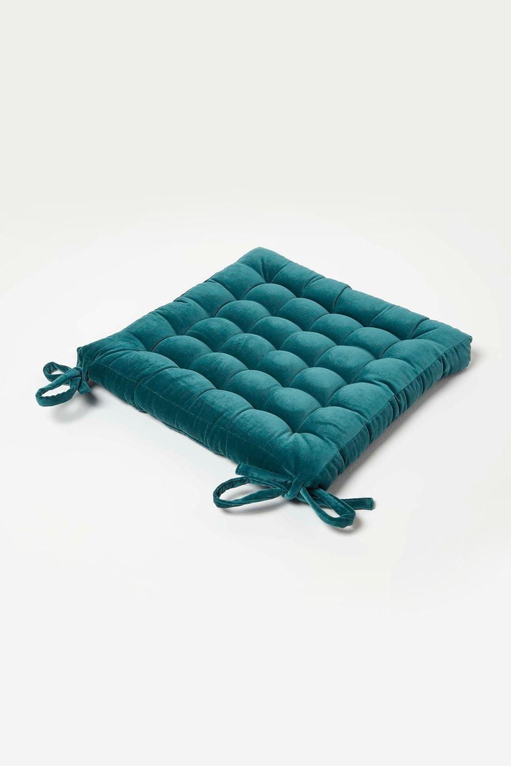 Homescapes Seat Pad Luxury 100% Cotton Velvet Indoor Outdoor Garden Cushion, 40cm in Teal