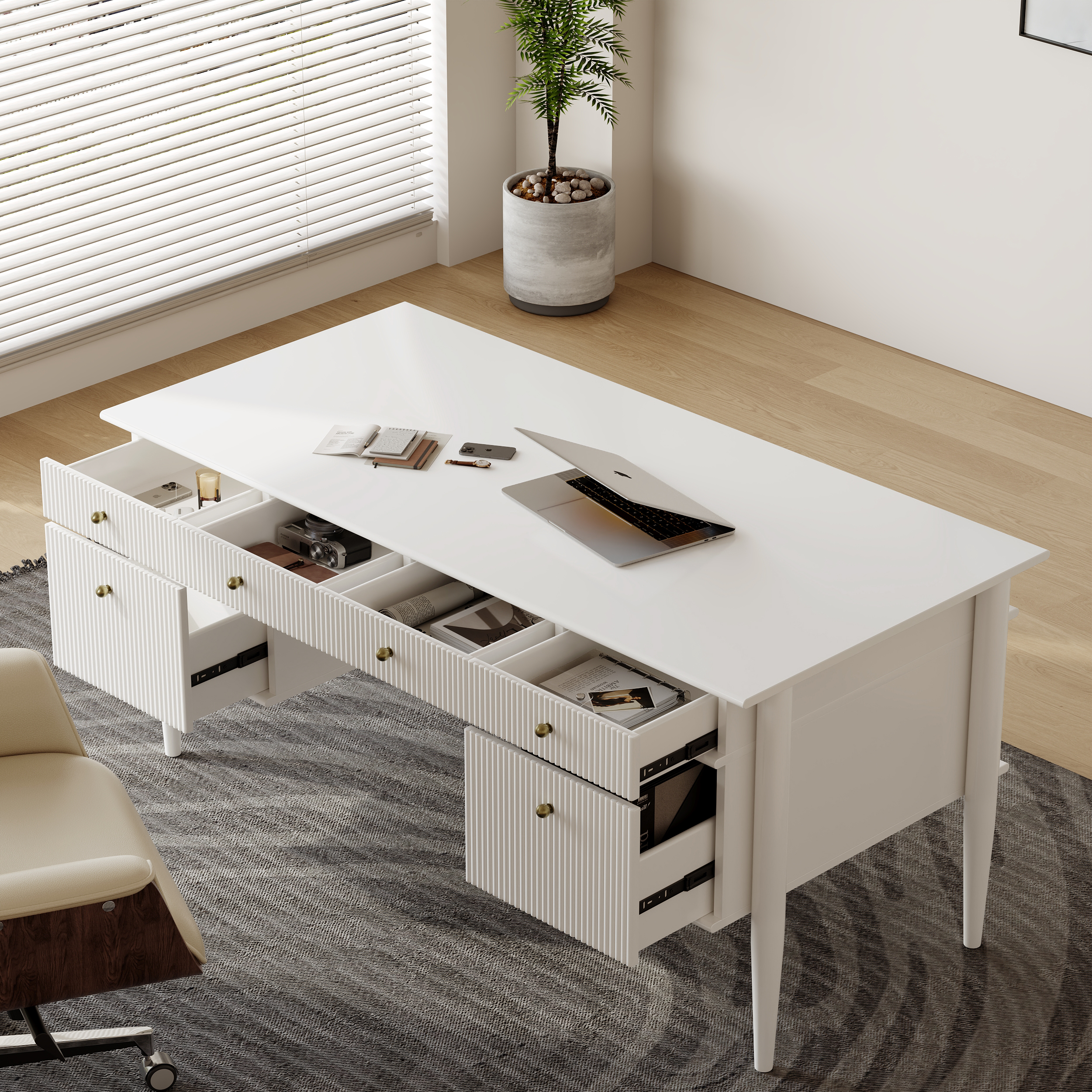 Modern Solid Wood Home Office Desk with 6 Drawers White Executive Writing Desk (160 cm)