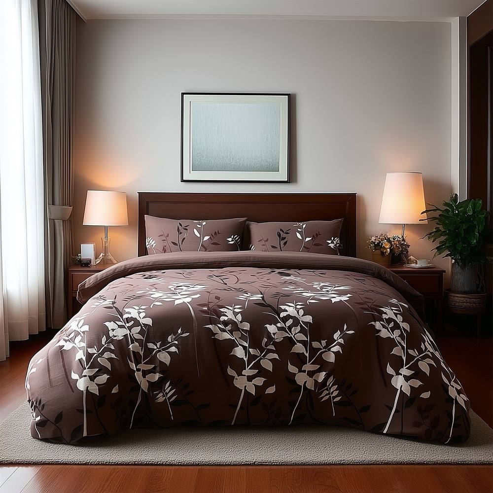 Snug City Duvet Cover & Pillowcase Set Floral Leaf Design Polycotton Bed Linen in Brown