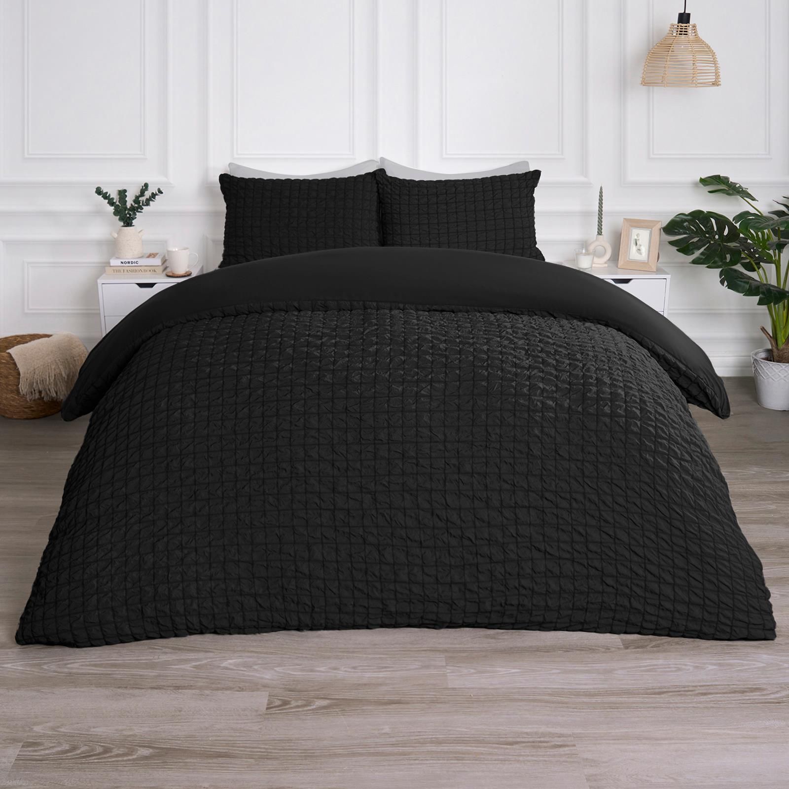 OHS Luxury Seersucker Duvet Cover Set Geo Pillowcase Quilt in Black