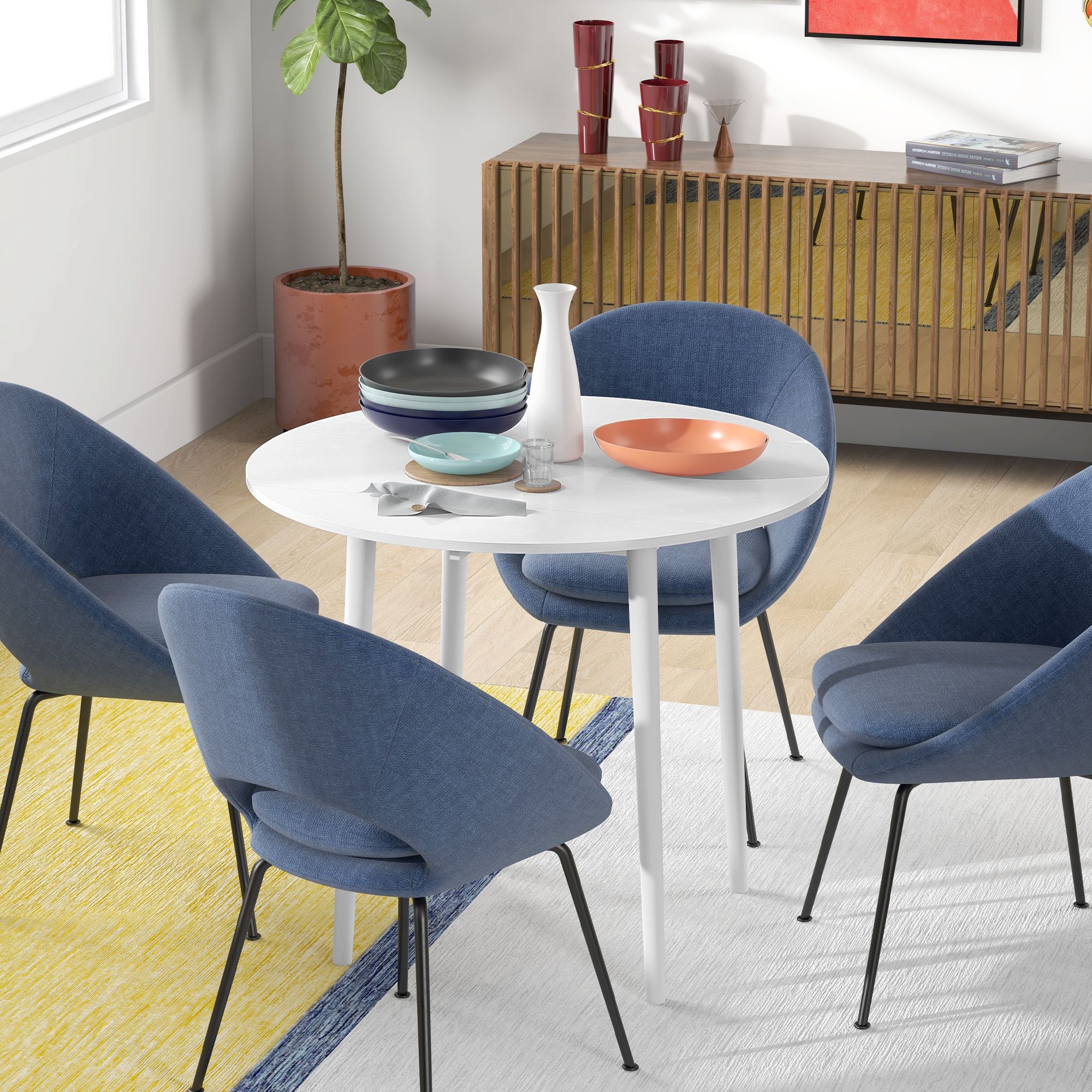 HOMCOM Folding Dining Table for 4, Round Drop Leaf Table, Modern Space Saving Small Kitchen Table with Wood Legs for Dining Room in White