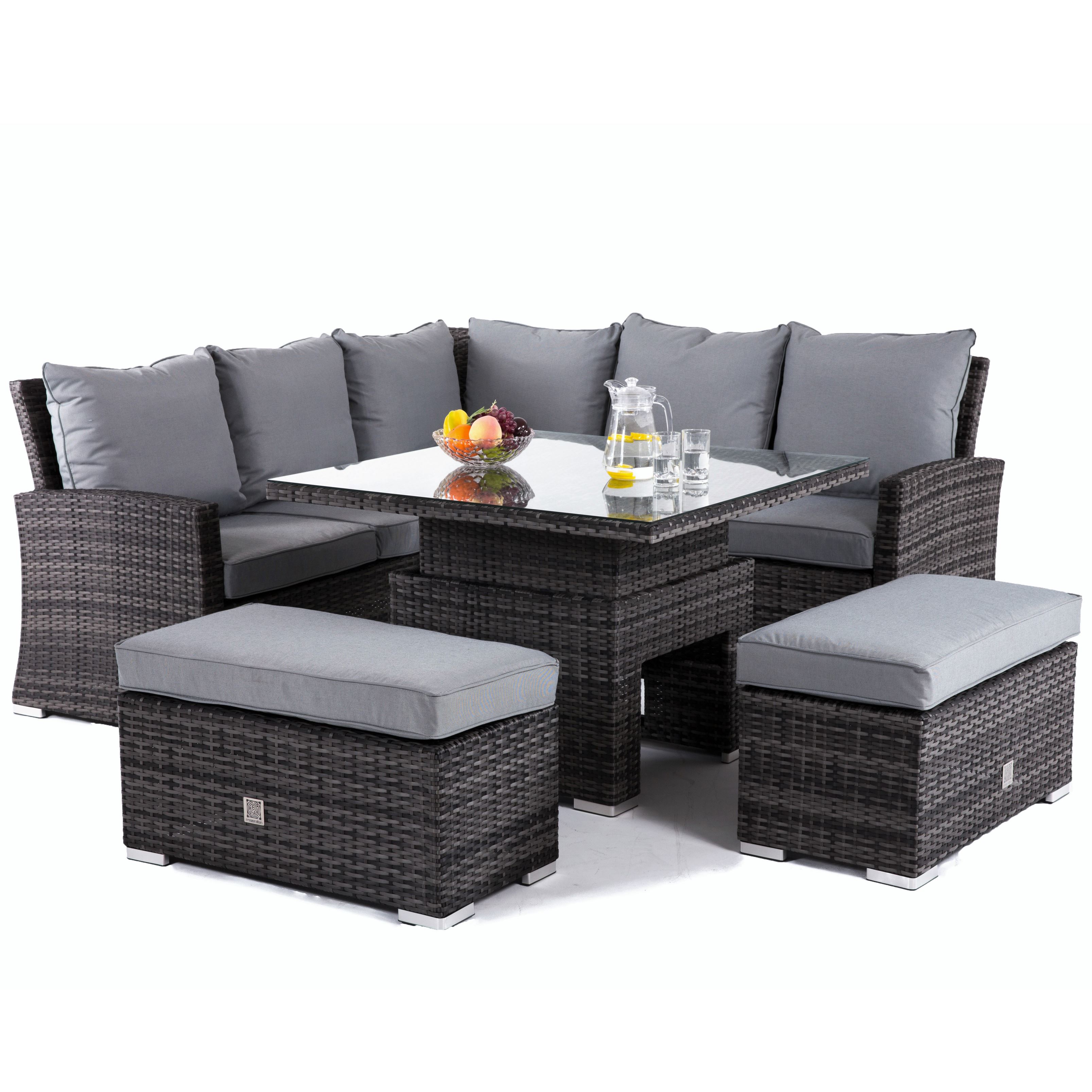 Rovsham Corner Garden Dining Set With Rising Table in Light Grey Weave and Grey Fabric