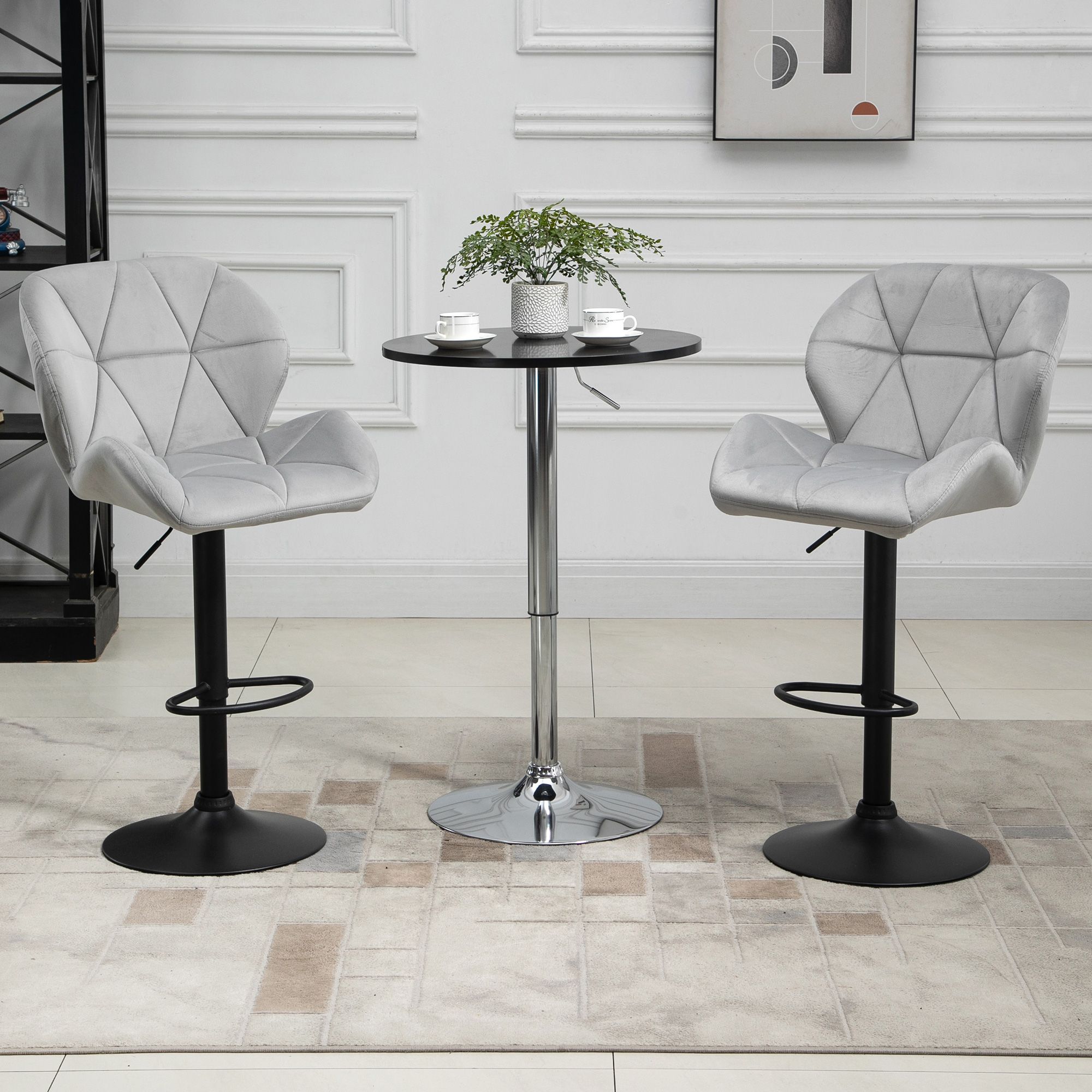 HOMCOM Velvet Bar Stools Set of 2 Back Padded Swivel Chairs for Breakfast in Light Grey