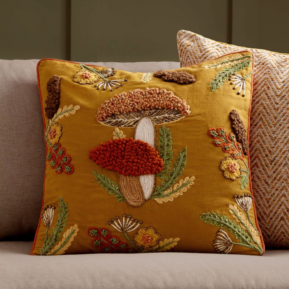 Wylder Mushroom Dell Embroidered 100% Cotton Cushion in Gold