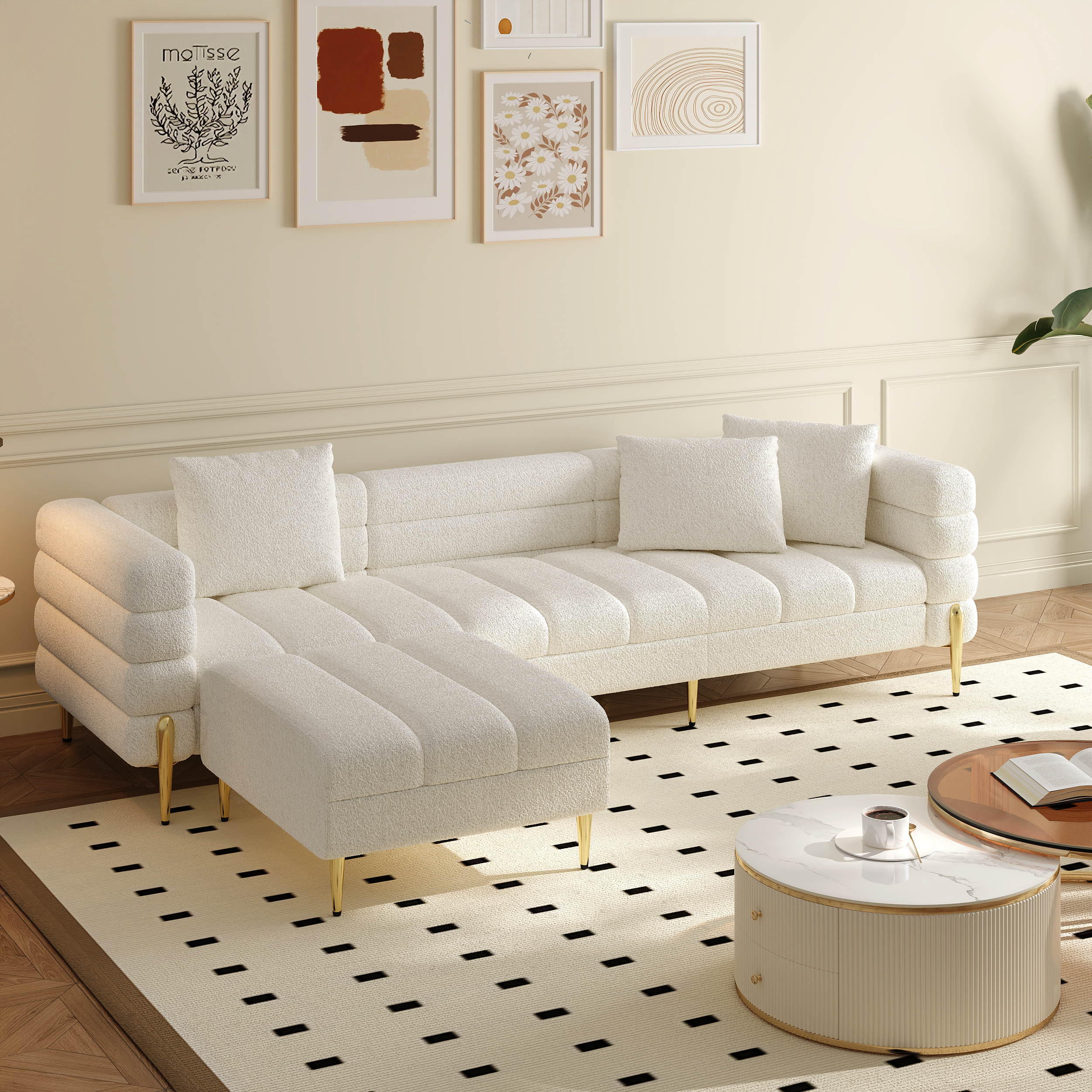 230cm Boucle Modular 4-Piece L-Shaped Couch with Chaise Modern White 3-Seater Sofa