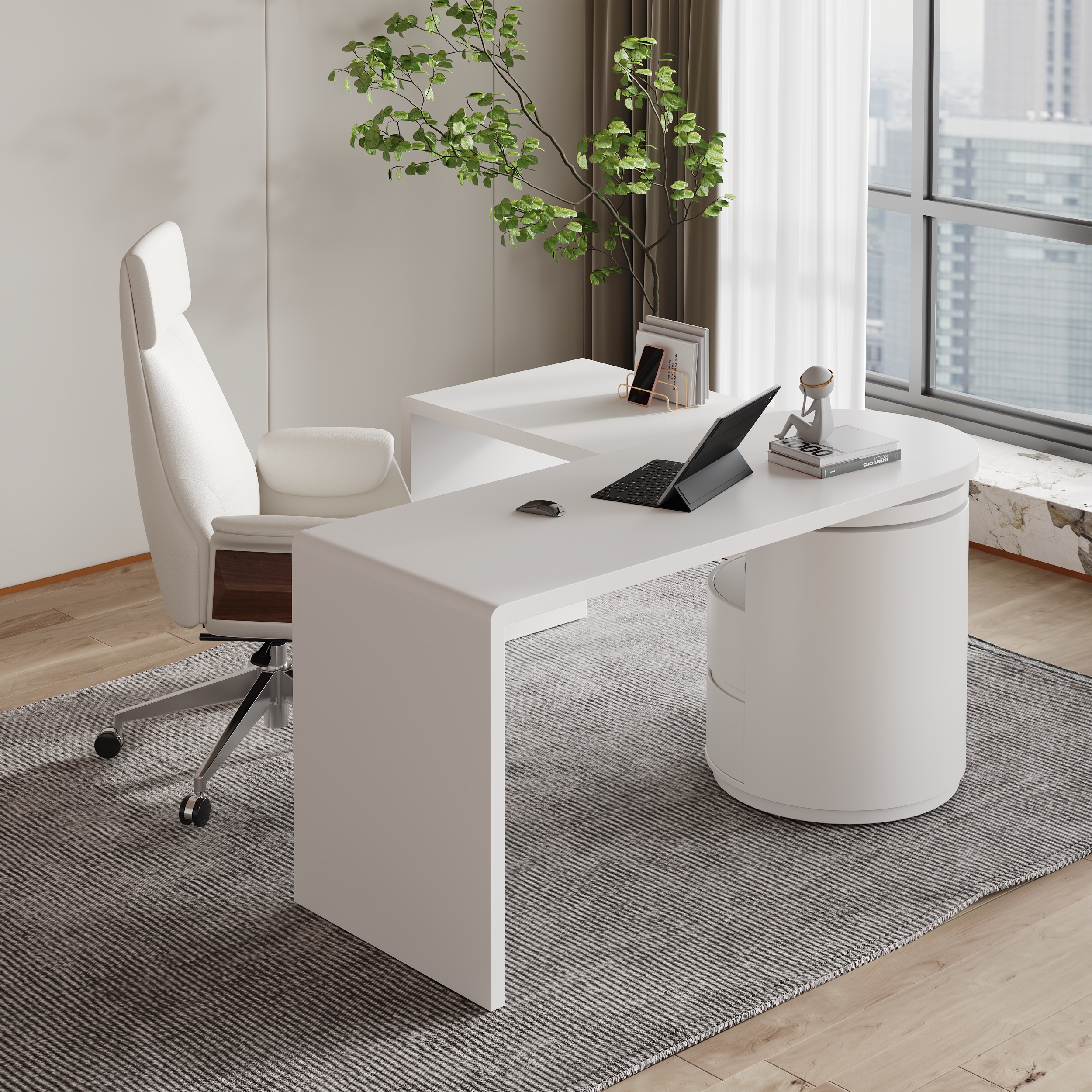 Modern 150 cm L-Shaped Matte Warm White Rotating Executive Desk with Storage Drawers