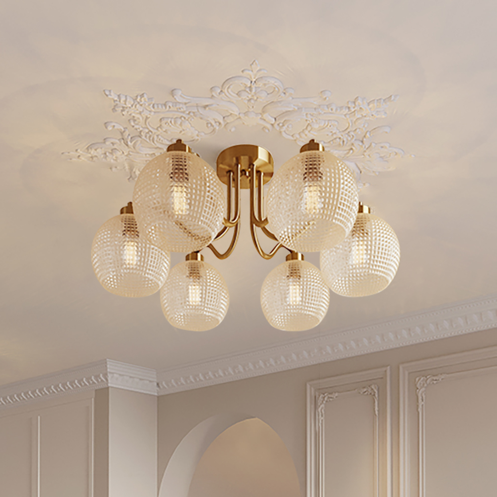 Retro Gold 6-Bulb Clear Glass Shade Chandelier Globe Semi Flush Mount Ceiling Light