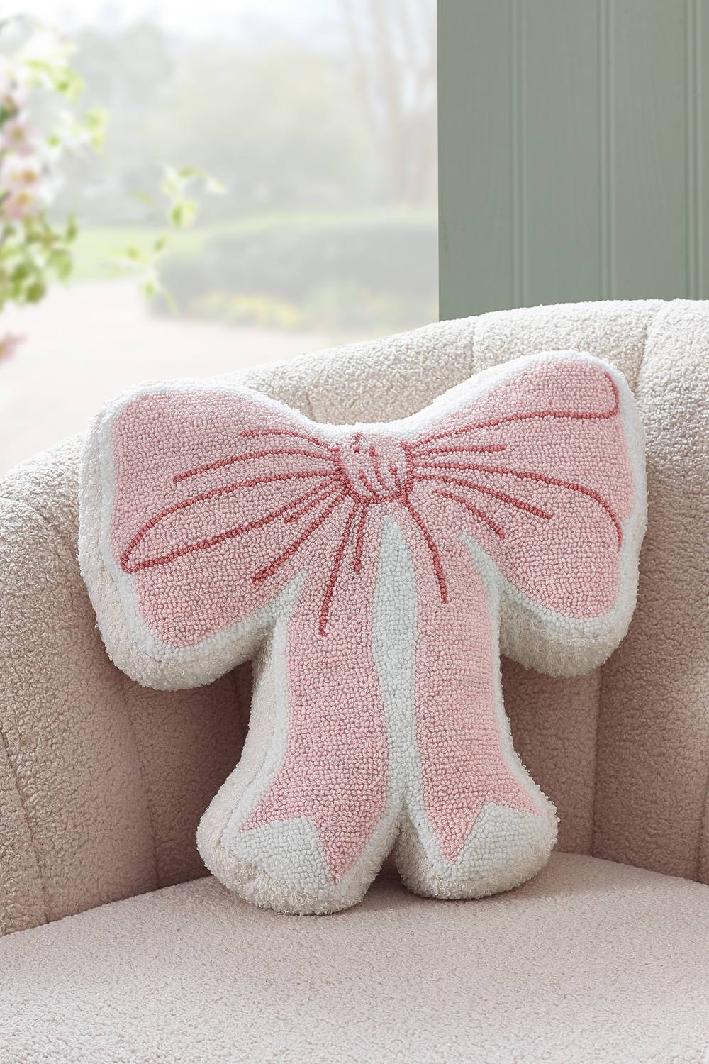 Catherine Lansfield 'Bow' Boucle 3D Shaped Cushion in Pink