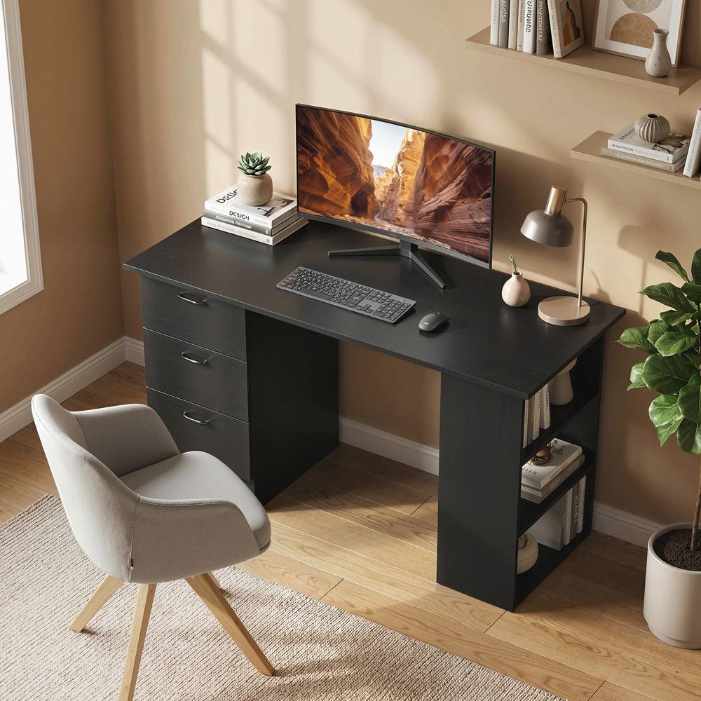 HOMCOM 120cm PC Table Workstation Computer Desk w/ Drawers, 3 Shelves Black